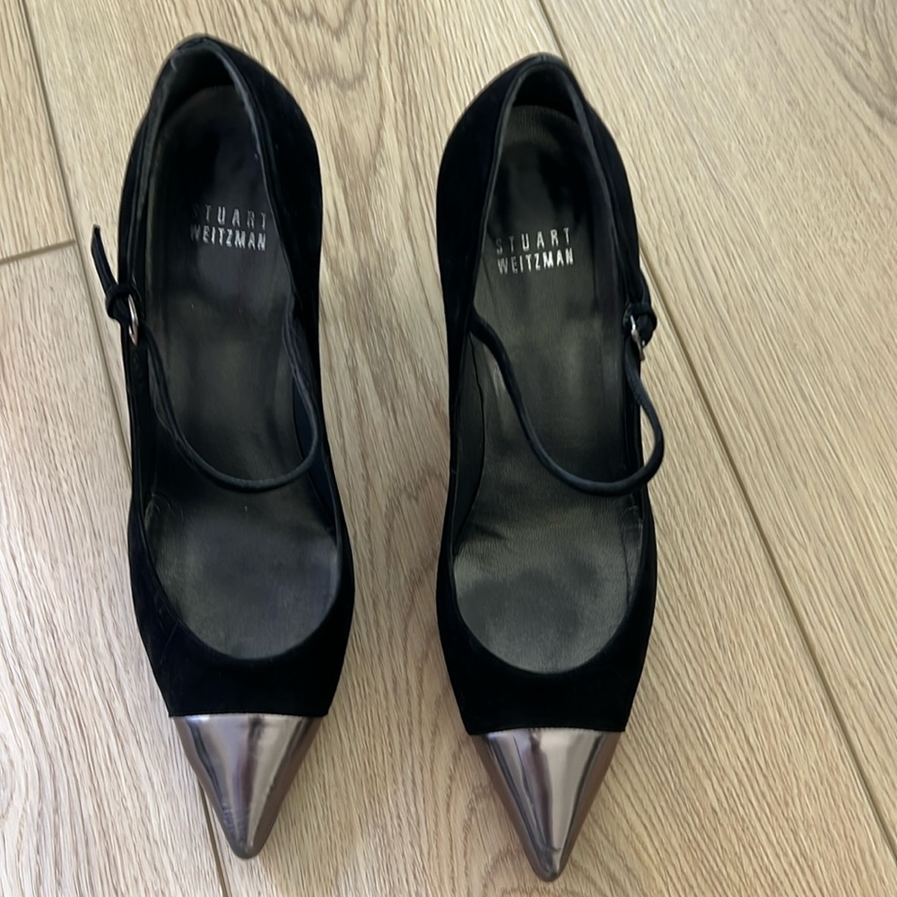 Stuart Weitzman Size 8.5 black suede and copper toe heels.